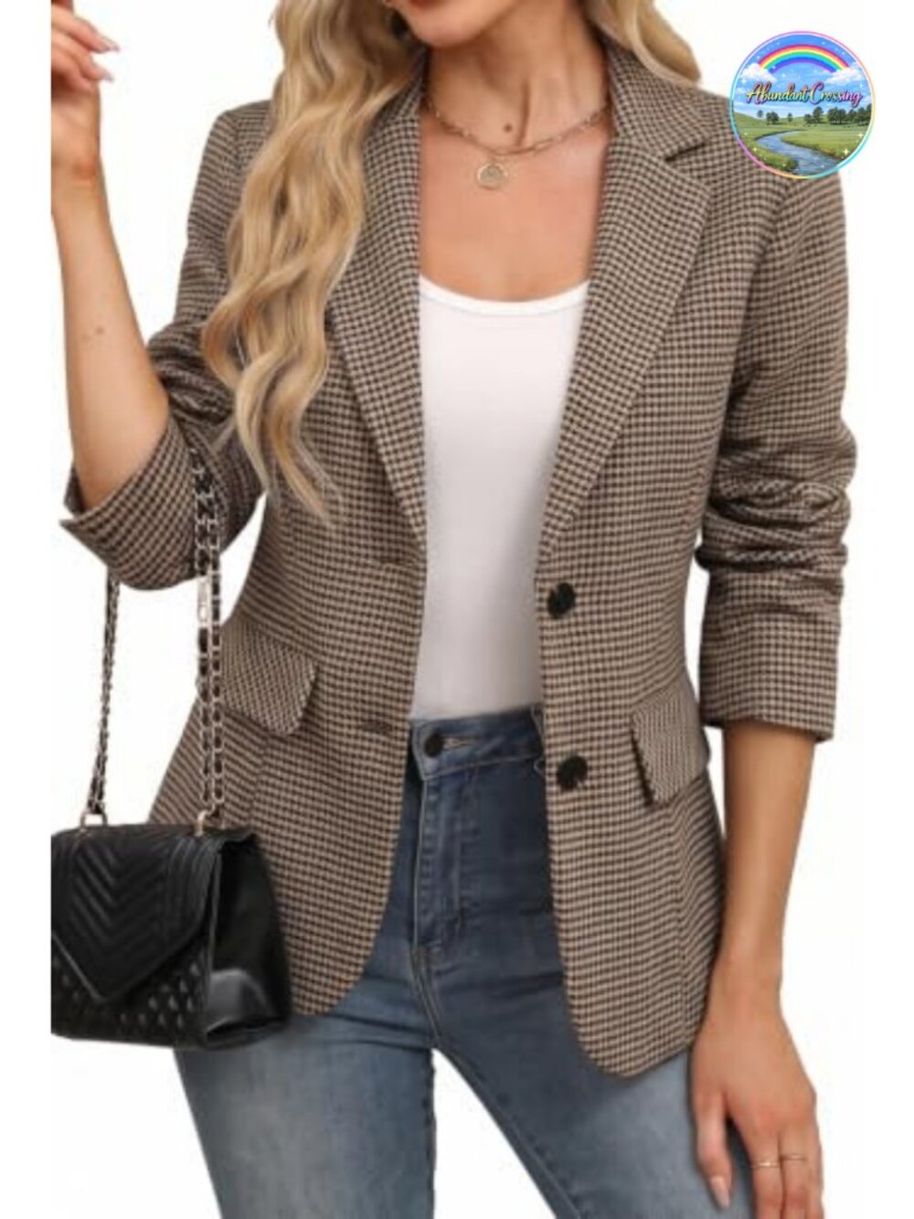 Women's Plaid Houndstooth Blazer Business Casual Work Office Suit Jacket